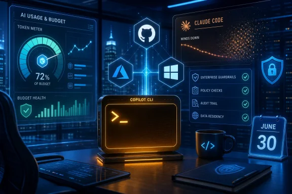 Futuristic dashboard shows AI usage and budget analytics with a laptop labeled “Copilot CLI.”