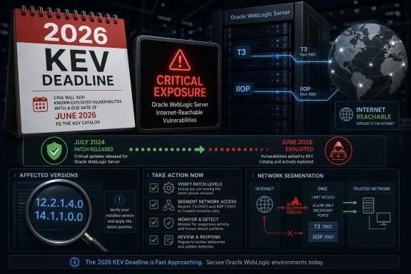 A cybersecurity infographic shows the 2026 KEV WebLogic critical exposure warning and patching actions.