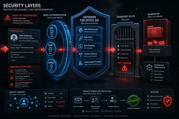 Cybersecurity infographic showing layered email protection against CEO impersonation, quarantine, and automated remediation.