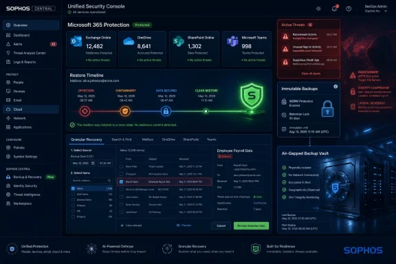 Sophos Central unified security console dashboard showing Microsoft 365 protection and active threat status.