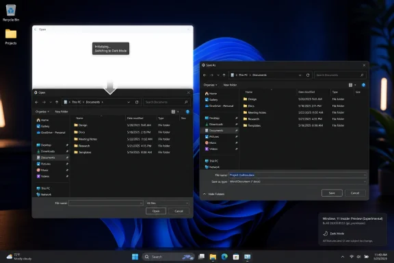 Windows 11 interface shows open and save dialogs switching to dark mode on a blue desktop.