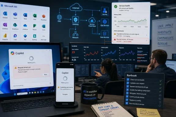 IT team monitors a Microsoft 365 service dashboard while a Copilot request times out on a laptop.