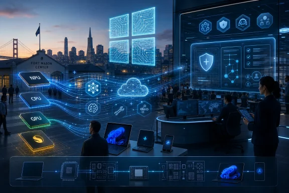 Futuristic tech conference shows glowing circuit icons, cloud data lines, and staff using computers in a cityscape.