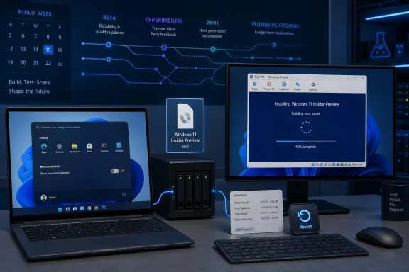 Dual monitors show Windows 11 Insider Preview installs with a VM setup and build-week dashboard in a tech lab.