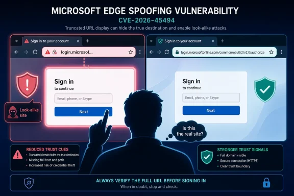 Illustration warning of a Microsoft Edge spoofing vulnerability showing fake sign-in pages and trust cues (CVE-2026-45494).