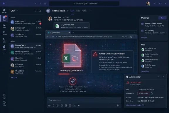 Microsoft Teams chat shows an Excel file failing to open due to Office Online being unavailable.