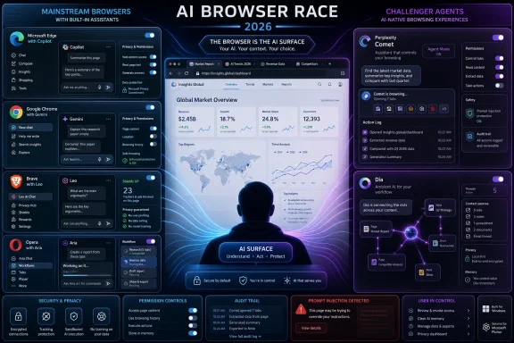 Futuristic “AI browser race” interface shows simulated browser dashboards with agent challenges and security controls.