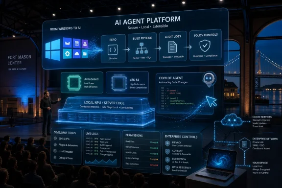 Presenter demonstrates an AI agent platform dashboard with secure build, audit logs, policy controls, and local edge inference.
