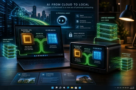 AI “cloud to local” personal agent concept with laptops, unified memory, and futuristic server visuals.