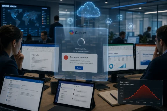 Office team using Copilot cloud AI overlay while a connection timed-out message appears on screens.