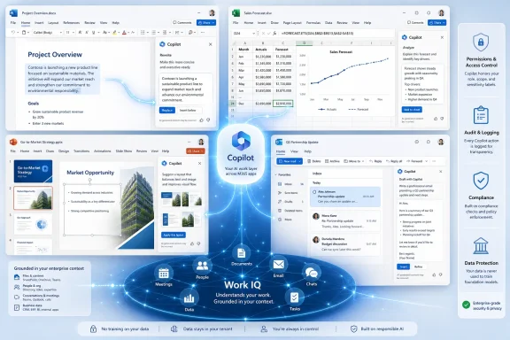 Collage of Microsoft Copilot workspaces showing documents, charts, email, and compliance controls in a “Work IQ” interface.