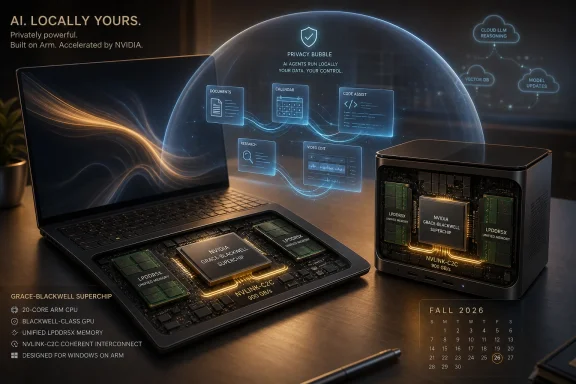 Futuristic laptop and NVIDIA server with privacy-bubble AI services and glowing chip memory details.