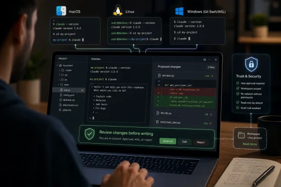Developer reviewing code changes in a cloud IDE with macOS/Linux/Windows options and trust/security prompts.