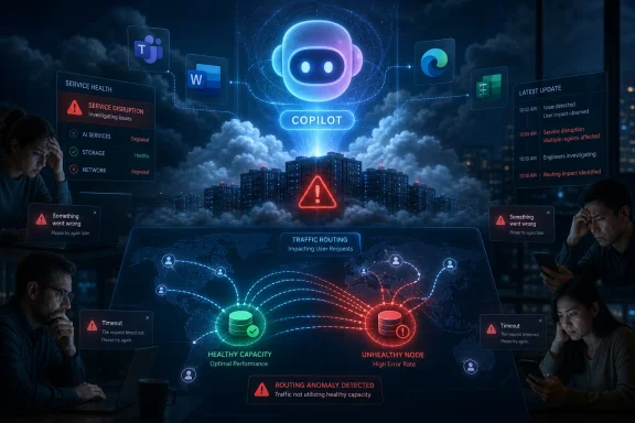 Futuristic control room shows a “Copilot” AI monitoring cloud service health and routing anomalies.