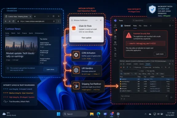 Diagram shows Windows integrity trust boundaries with a spoofed update warning and risky remote-debugging exploit.