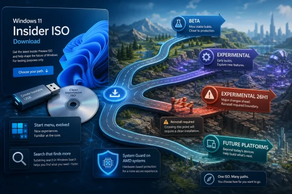 Windows 11 Insider preview download graphic with USB and experiment/beta path icons over a scenic map.