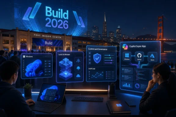 People review AI dashboard screens at a nighttime tech conference with “Build 2026” projected.
