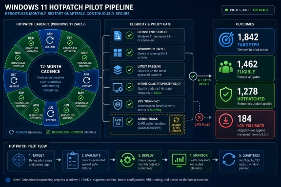 Infographic for a Windows 11 Hotpatch pilot pipeline, showing monthly rebootless patching status and device outcomes.