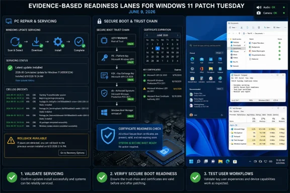 Dashboard-style graphic titled “Evidence-Based Readiness Lanes for Windows 11 Patch Tuesday” showing servicing, secure boot, and status.
