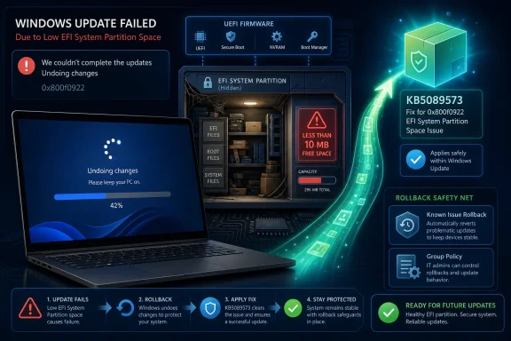 Windows update fails due to low EFI system partition space, showing KB5089573 rollback and fix info.