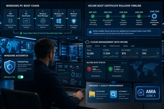Tech infographic showing Windows PC secure boot timeline, Intune compliance stats, and autopatching in a data center.