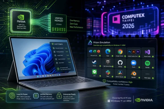 NVIDIA AI PC display shows unified memory and Prism emulation with Computex Taipei 2026 backdrop.