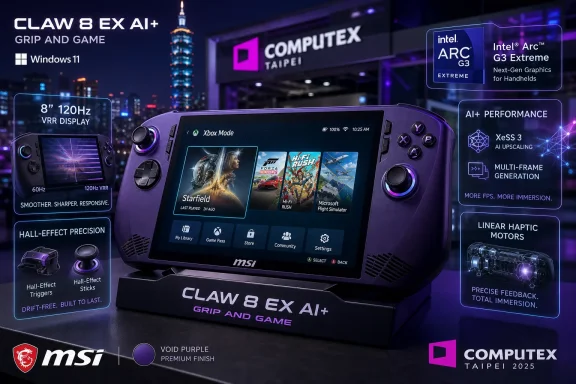 MSI “Claw 8 EX AI+” handheld gaming console advertisement with Intel Arc and COMPTUEX Taipei branding.