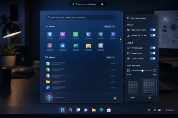 Windows start menu and settings panel open on a desktop screen, with privacy toggles and layout options.