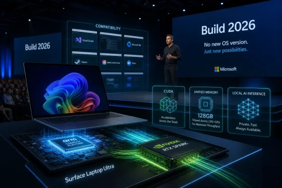 Microsoft Build 2026 tech display featuring Surface laptop Ultra, NVIDIA RTX Spark, and GPU acceleration features.