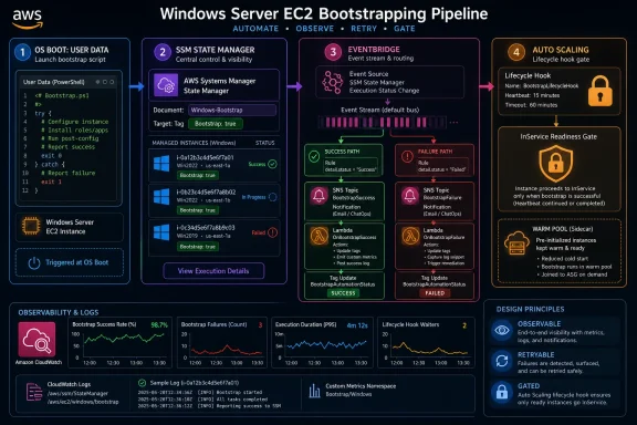 AWS diagram showing a Windows Server EC2 bootstrapping pipeline with SSM, EventBridge, retries, and auto-scaling gates.