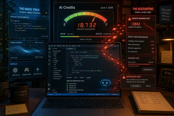 Futuristic dashboard shows AI credits, code editor, and budget warnings on a laptop screen.