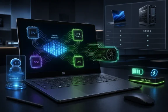 Futuristic laptop displaying CPU, GPU, and RTX Spark chip graphics in a neon tech lab.