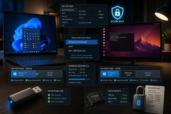 Secure Boot UEFI setup with boot-device selection and GPT partition resizing shown on laptops and UI overlays.