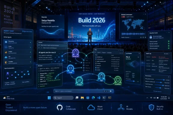 Futuristic “Build 2026” conference stage with tech UI panels, live global stream, and security controls.