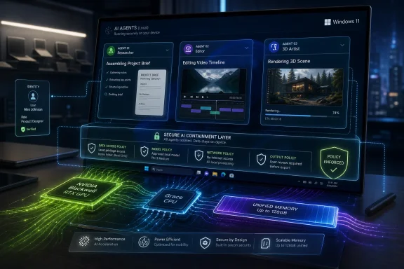 Futuristic Windows 11 AI dashboard on a laptop shows secure agent workflows, 3D rendering, and GPU memory.