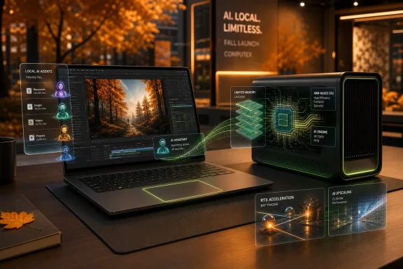 AI workstation setup with laptop, glowing data panels, and a computer GPU box for local limitless computing.