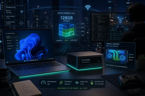 Futuristic office setup shows a laptop and RTX Spark device with UI overlays for memory, thermal, and performance.