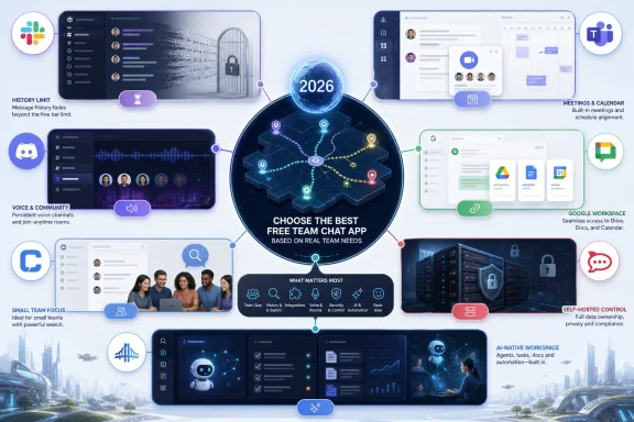 Promotional infographic showing a secure 2026 team chat app with calendar, file tools, AI, and cloud features.