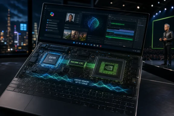 Close-up of a futuristic laptop on stage running editing software, with ARM and NLink/C2C hardware branding visible.
