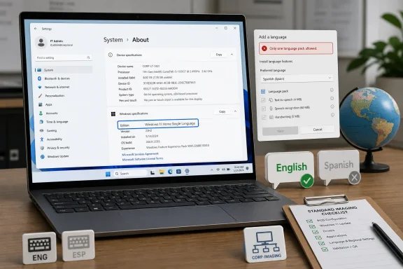 Laptop shows Windows “System > About” with language pack setup for Spanish, alongside ENG/ESP language icons.