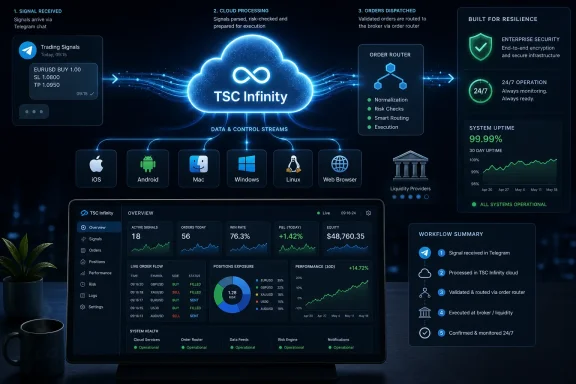 Digital dashboard shows the TSC Infinity trading workflow: signals from Telegram processed in cloud and dispatched securely.