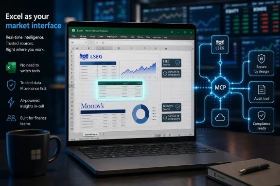 Laptop shows Excel with market data analytics and secure data workflow icons on a financial interface backdrop.