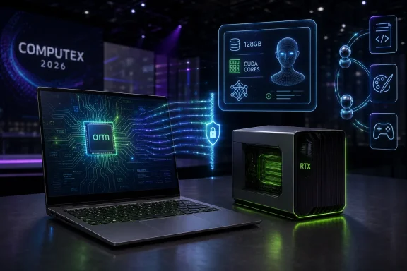 A laptop and desktop with RTX branding connected to futuristic AI and security graphics at a COMPUTEX 2026 event.