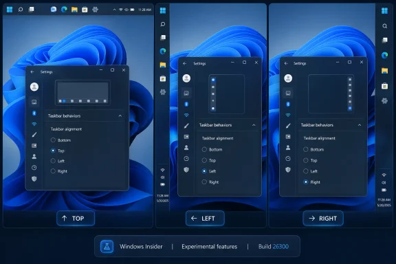 Windows settings screen showing taskbar alignment options: Top, Left, Right, Bottom on a blue desktop.