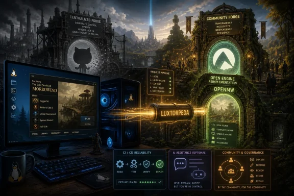 Futuristic dashboard shows open-source game platforms, community forge, and CI/CD pipeline over a cityscape.