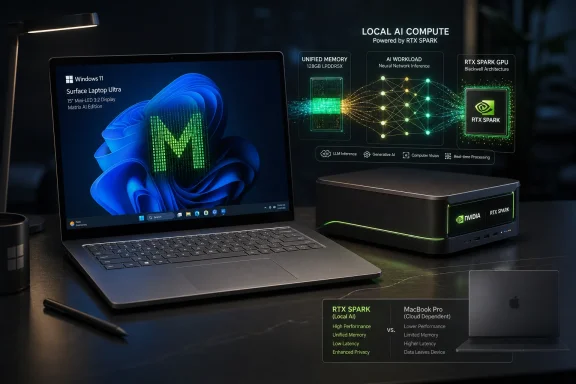 A laptop and compact Nvidia RTX Spark box showcase local AI compute with glowing neural network graphics.