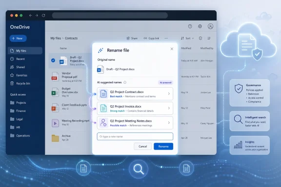 Screenshot of OneDrive “Rename file” dialog with AI suggested contract document names and cloud governance icons.