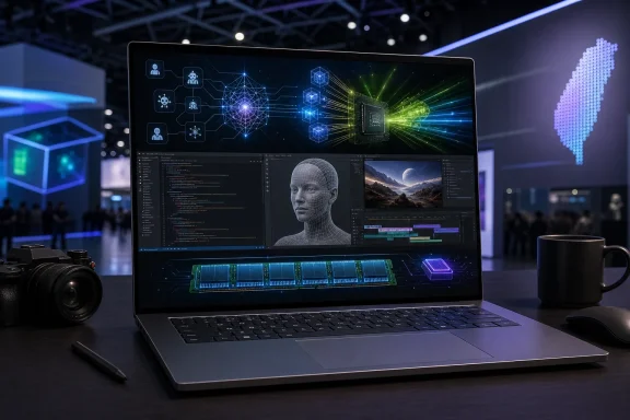 Futuristic laptop screen shows AI/biotech interface and neural circuits at a tech conference with camera and coffee nearby.