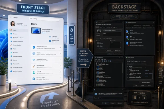 A futuristic interface shows Windows 11 settings on the front stage beside legacy control panel screens.