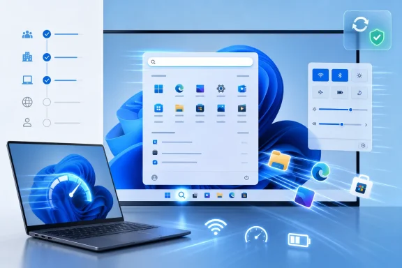 Glowing Windows desktop interface with app icons, laptop, and wireless connectivity dashboard on a blue background.